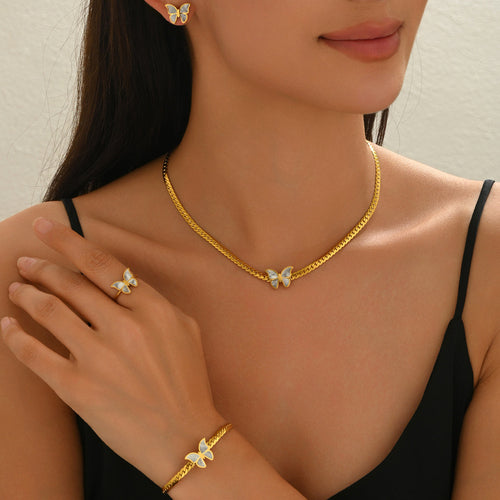 4pcs 18K Gold Plated Butterfly Necklace Earrings Bracelet Ring