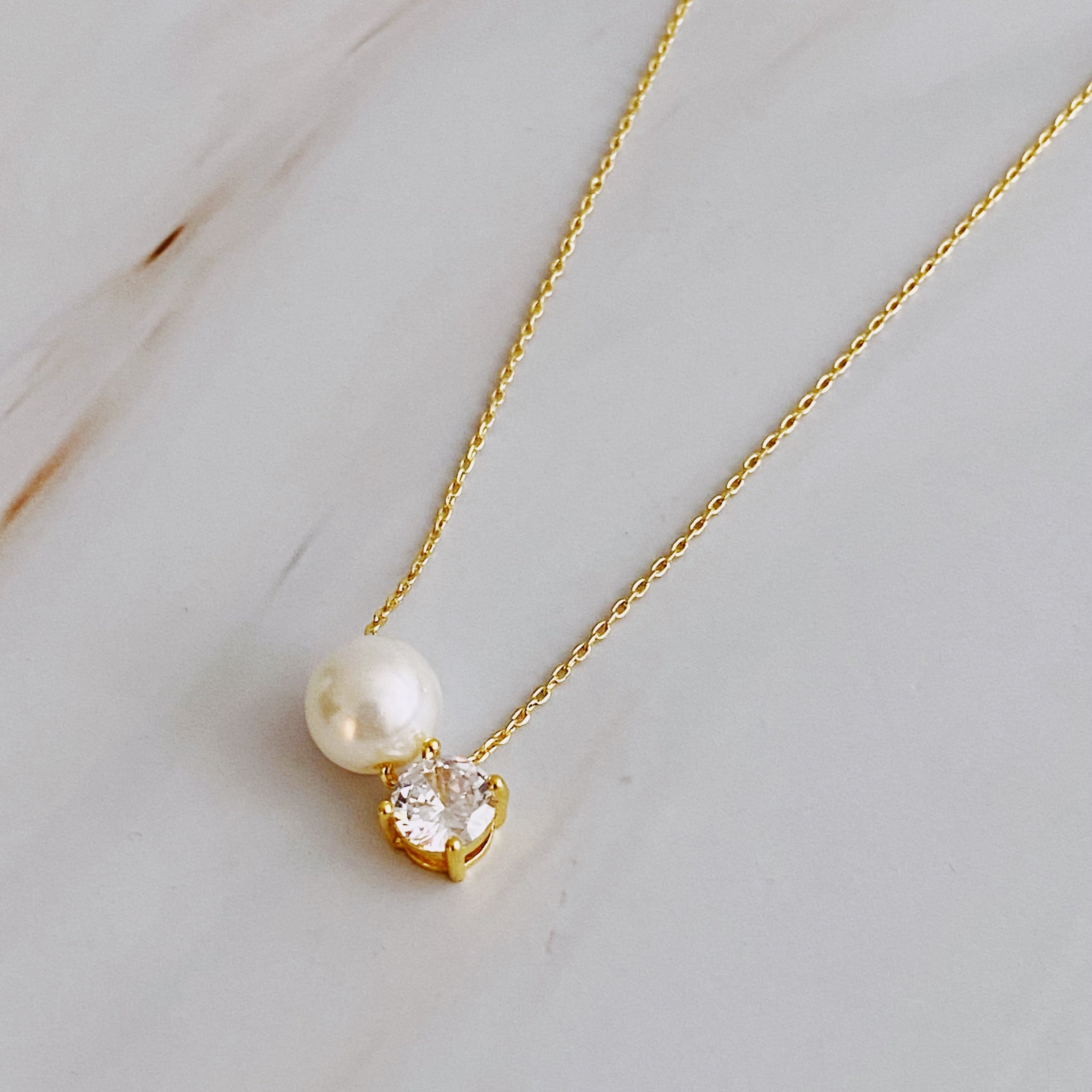 18K Gold Plated Single Pearl And Diamond Necklace