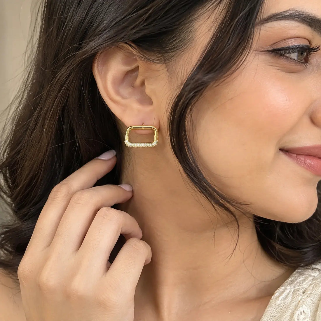 Gold Rectangular Diamond Hoop Earrings for Women