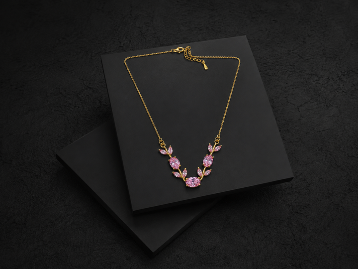 18K Gold Plated Pink Crystal Floral Vine Necklace for Women