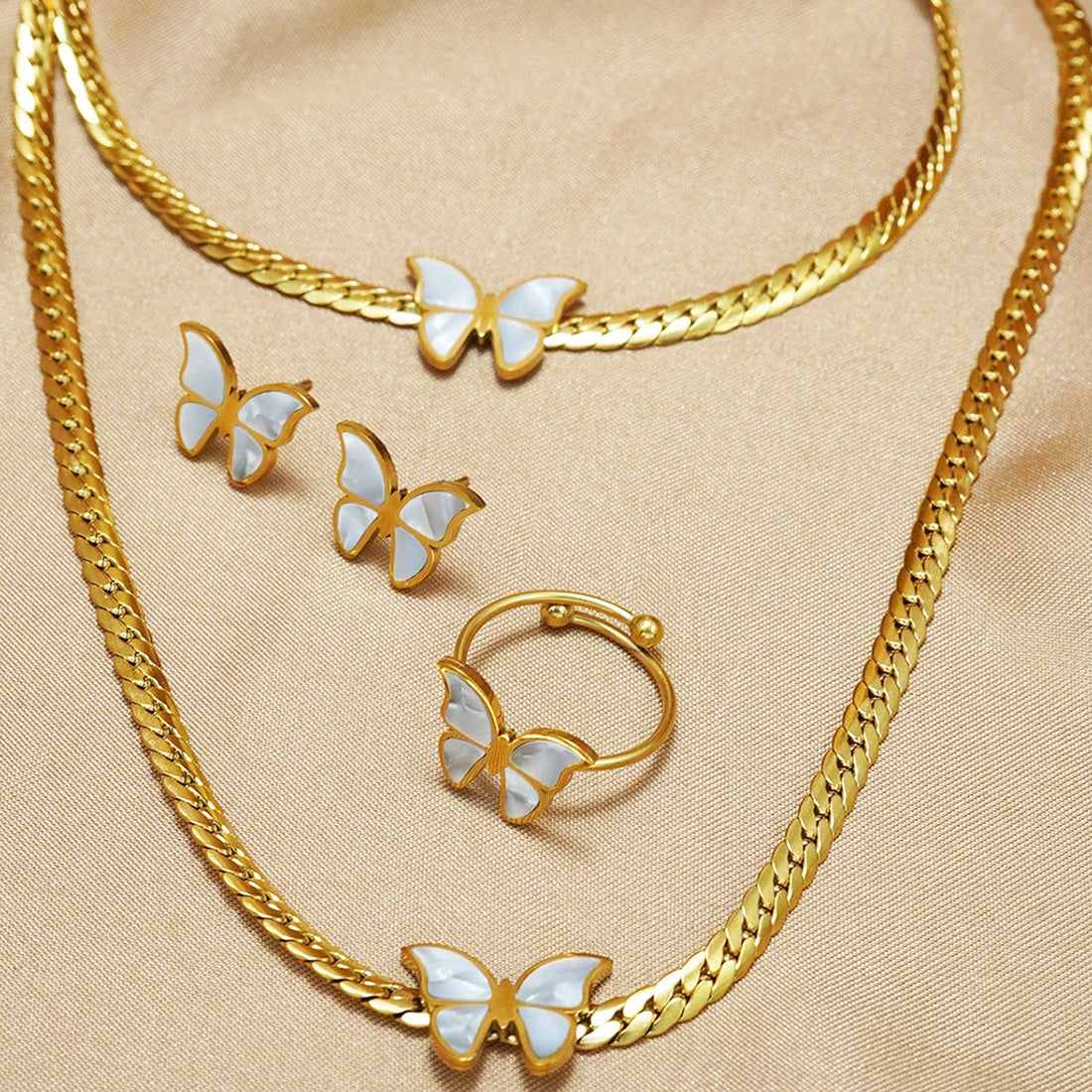 4pcs 18K Gold Plated Butterfly Necklace Earrings Bracelet Ring