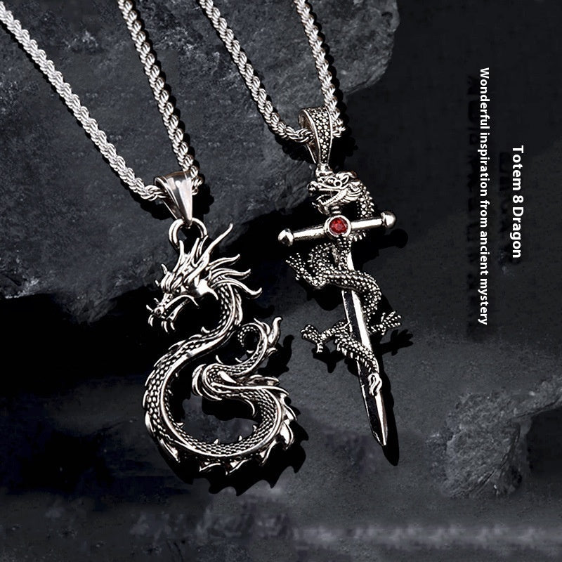 Dragon Sword Pendant Necklace Paved Rhodium