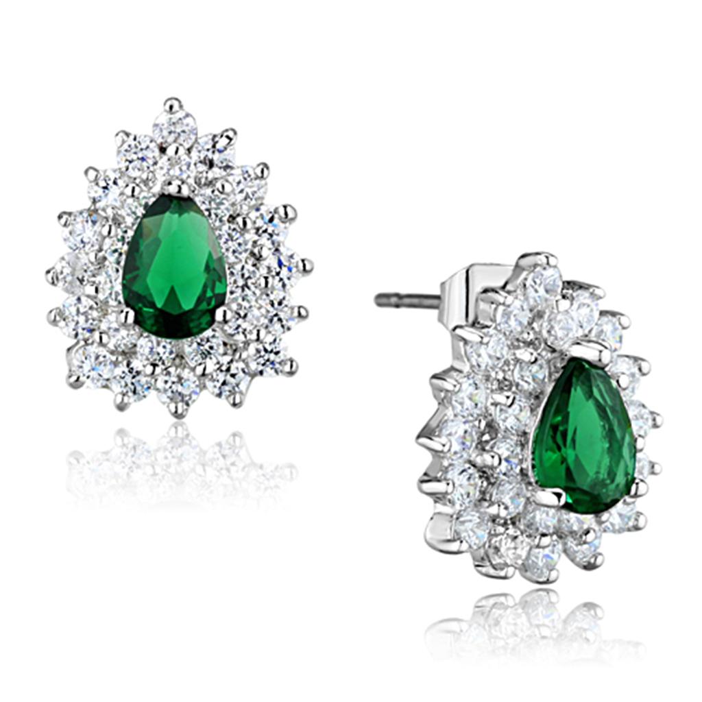 Rhodium Brass Earrings with Emeral as a center stone