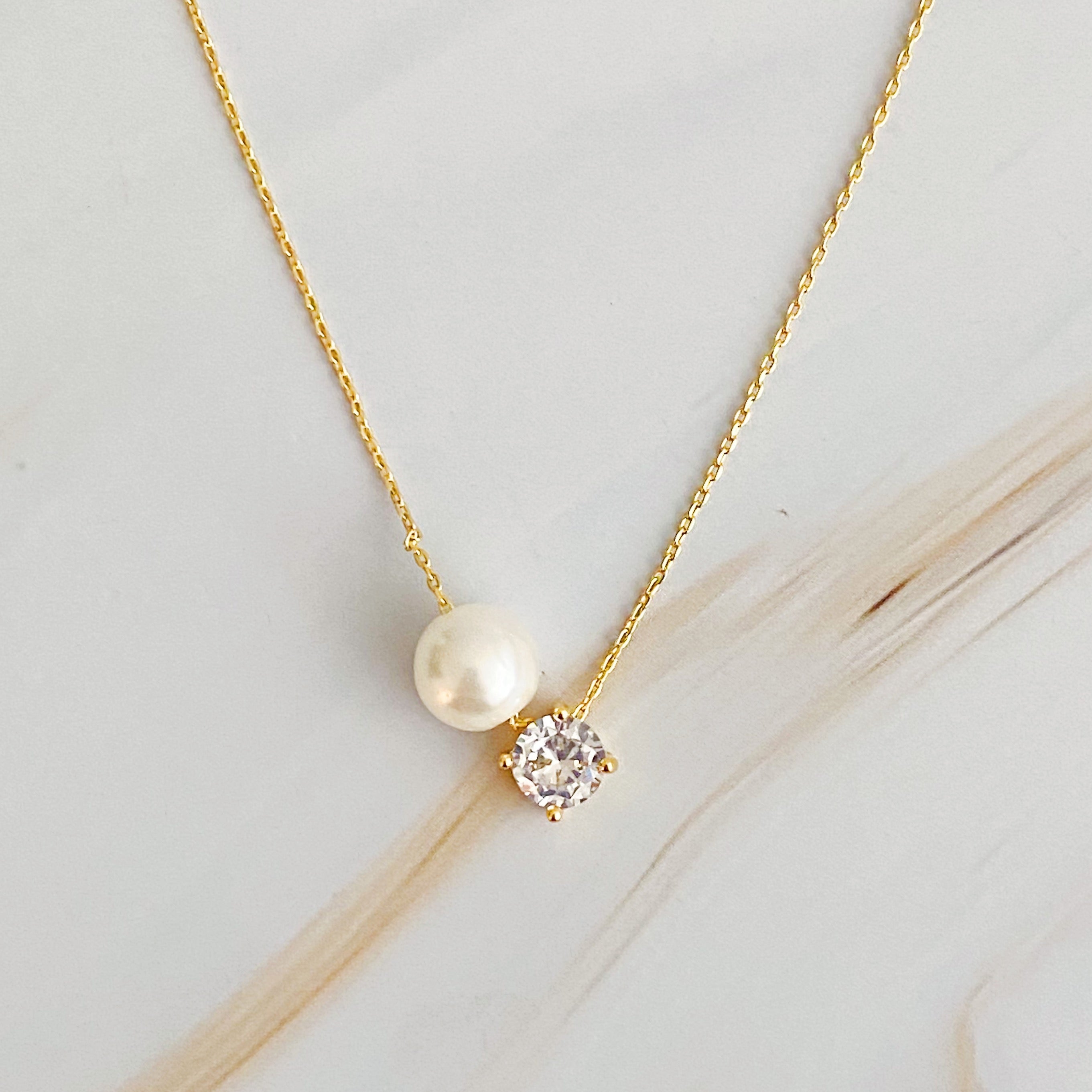18K Gold Plated Single Pearl And Diamond Necklace