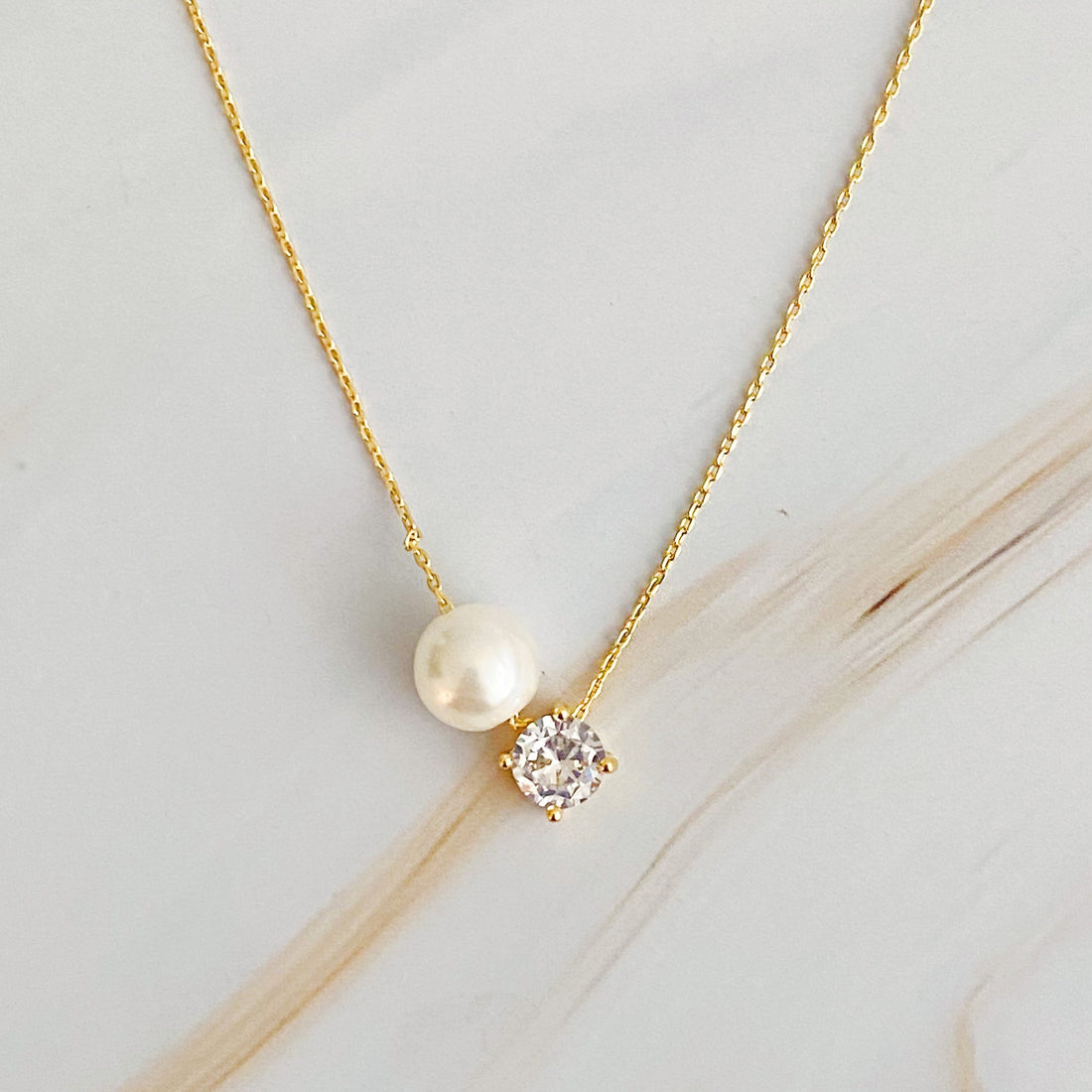 18K Gold Plated Single Pearl And Diamond Necklace