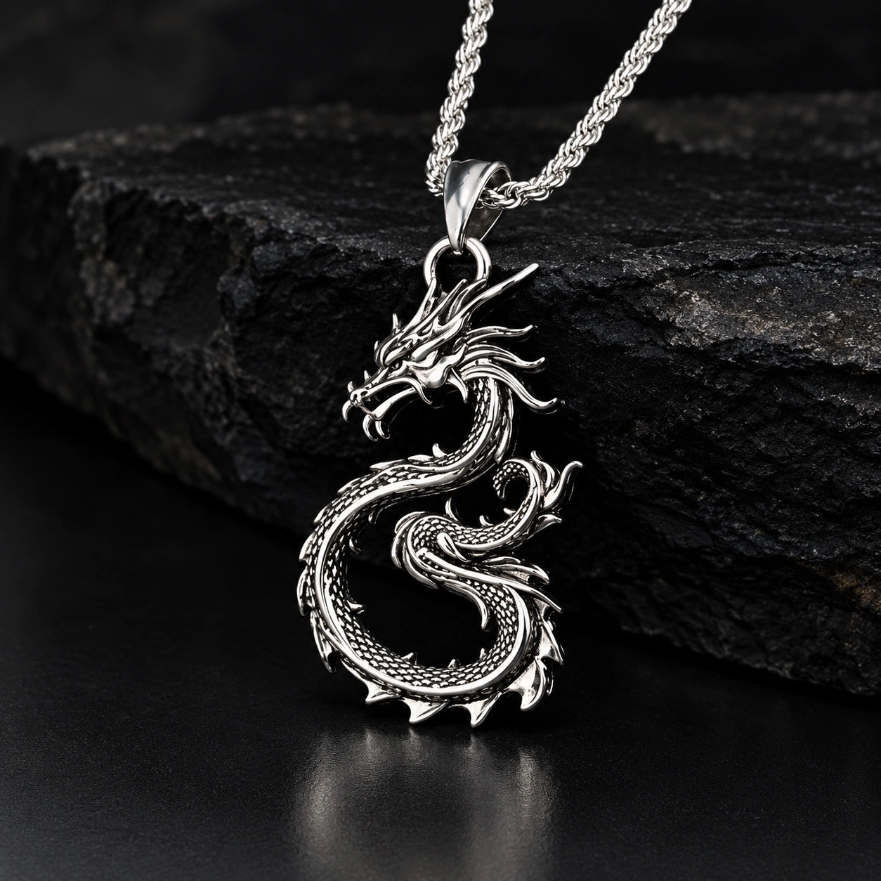Dragon Sword Pendant Necklace Paved Rhodium