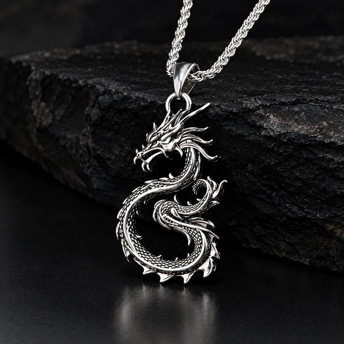 Dragon Sword Pendant Necklace Paved Rhodium