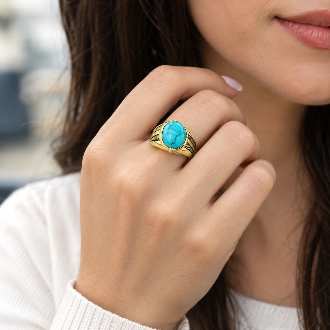 Turquoise Signet Ring in Gold Plated Stainless Steel
