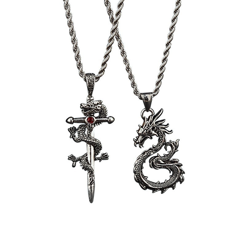 Dragon Sword Pendant Necklace Paved Rhodium