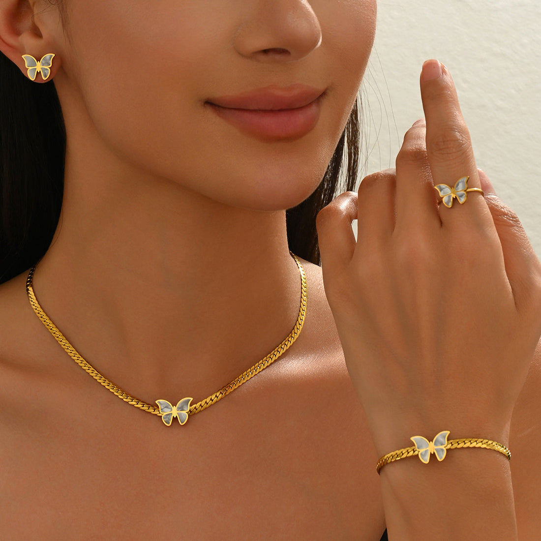 4pcs 18K Gold Plated Butterfly Necklace Earrings Bracelet Ring