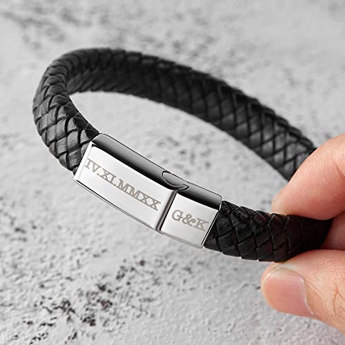 Roman Numerals Engraved Mens Bracelet, Woven Braided Leather Bracelet