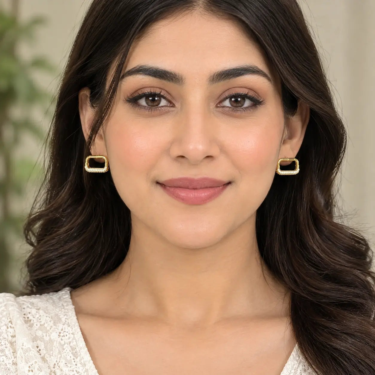 Gold Rectangular Diamond Hoop Earrings for Women