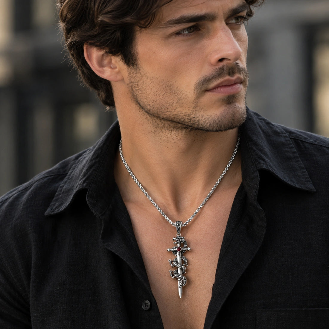 Dragon Sword Pendant Necklace Paved Rhodium