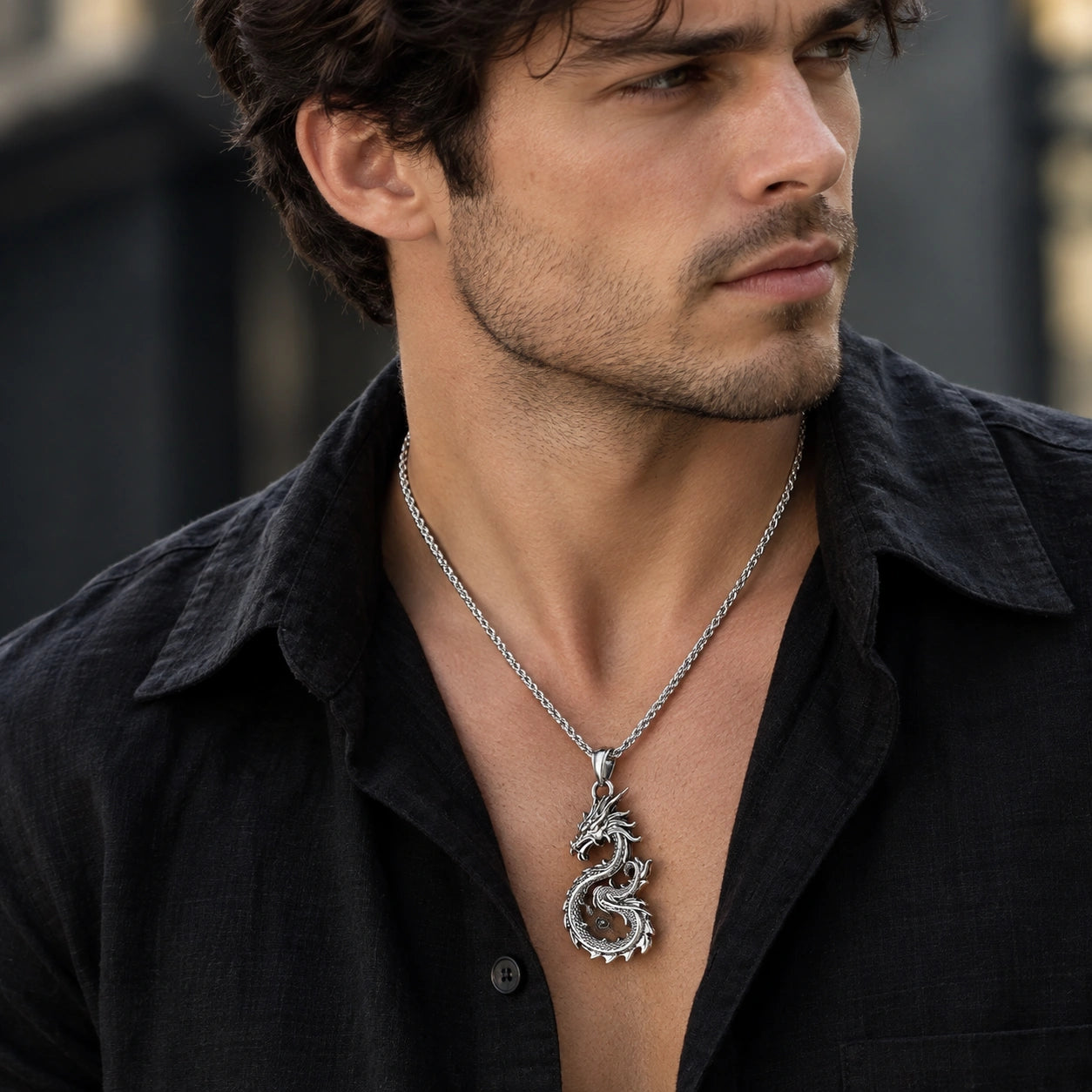 Dragon Sword Pendant Necklace Paved Rhodium