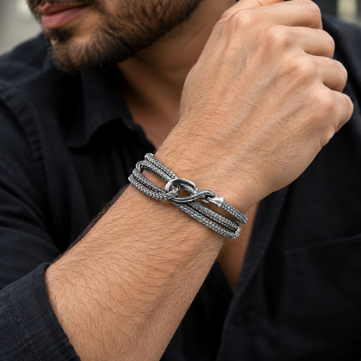 Classic Grey Hexham Silver & Rope Bracelet