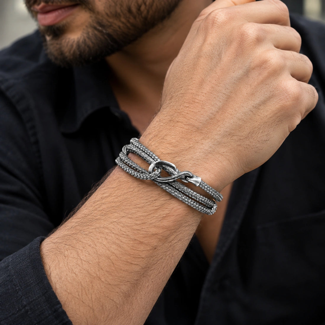 Classic Grey Hexham Silver & Rope Bracelet