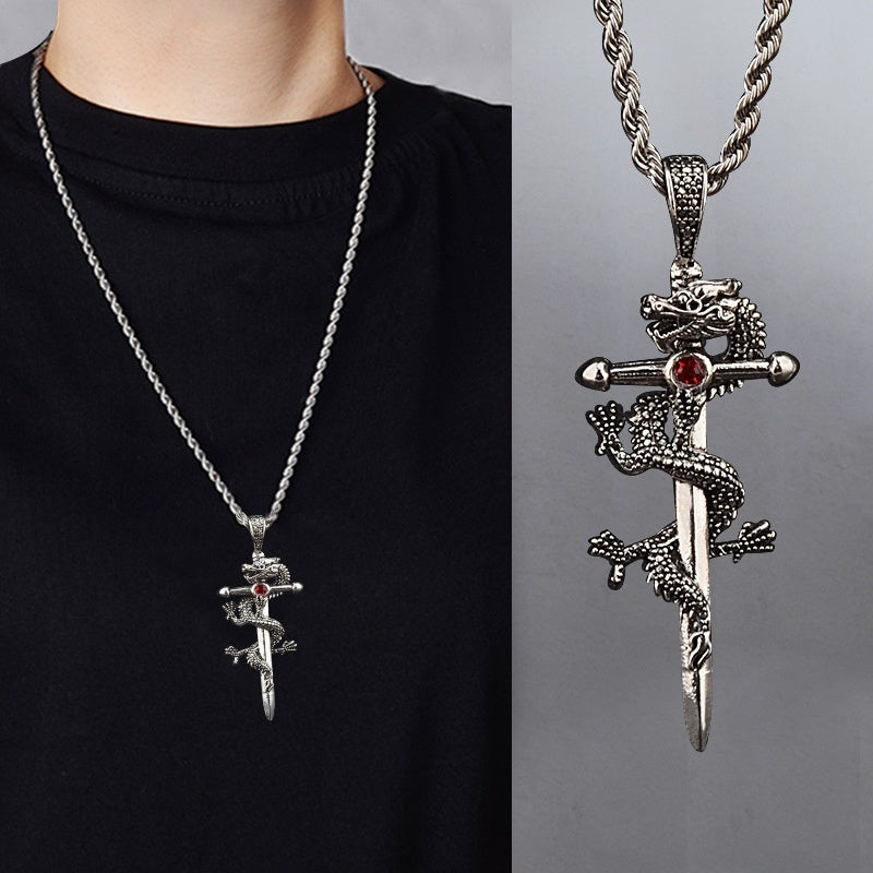 Dragon Sword Pendant Necklace Paved Rhodium