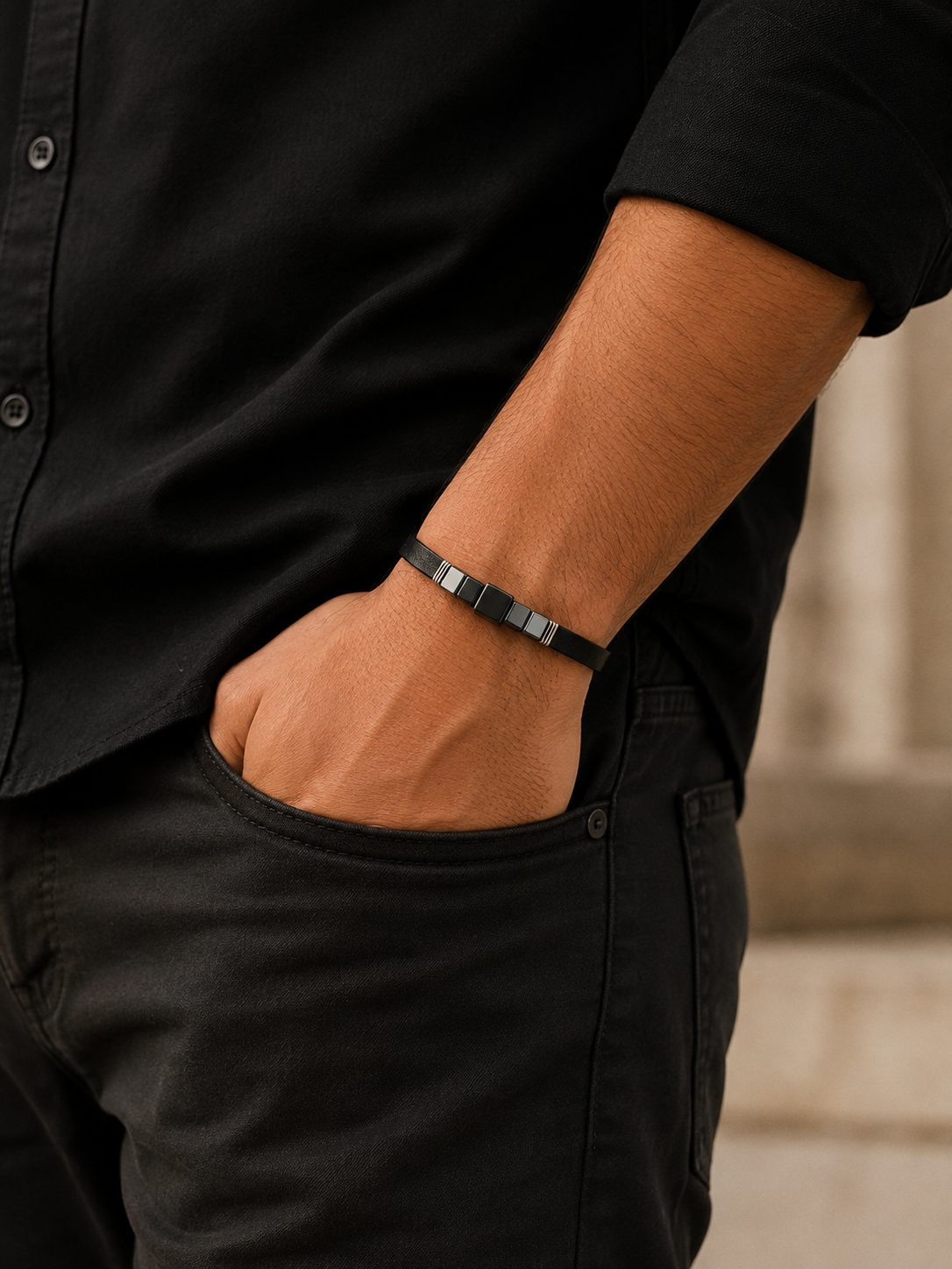 Black Leather Hematite Silver Bracelet