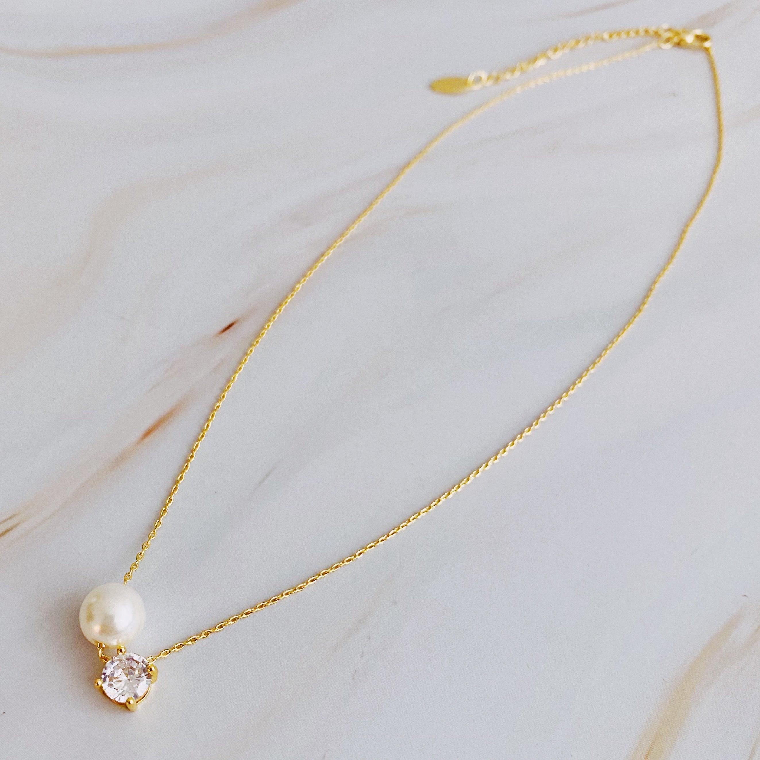 18K Gold Plated Single Pearl And Diamond Necklace
