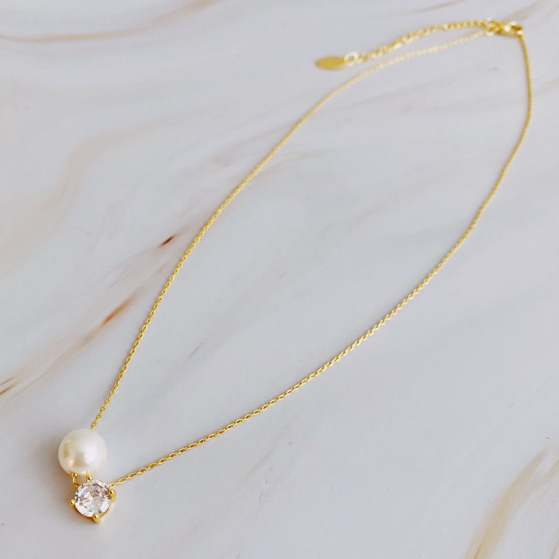 18K Gold Plated Single Pearl And Diamond Necklace
