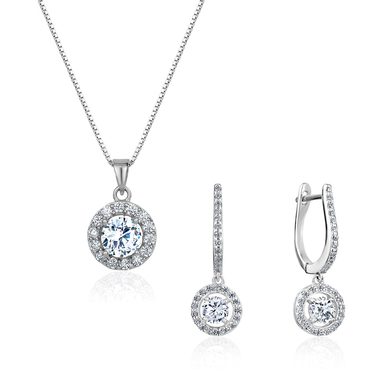 5A Cubic Zirconia Round Necklace and Halo Drop Earrings Set