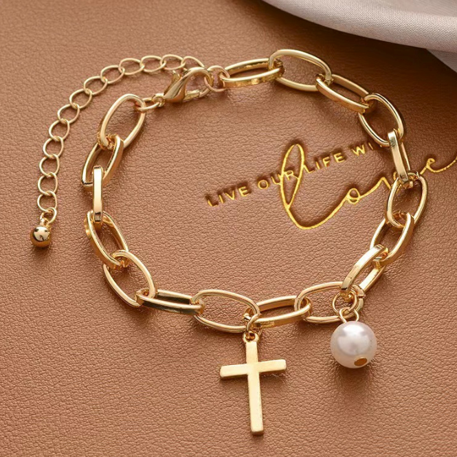 14K Gold Plated Oval Bracelet With Cross Charm and Pearl