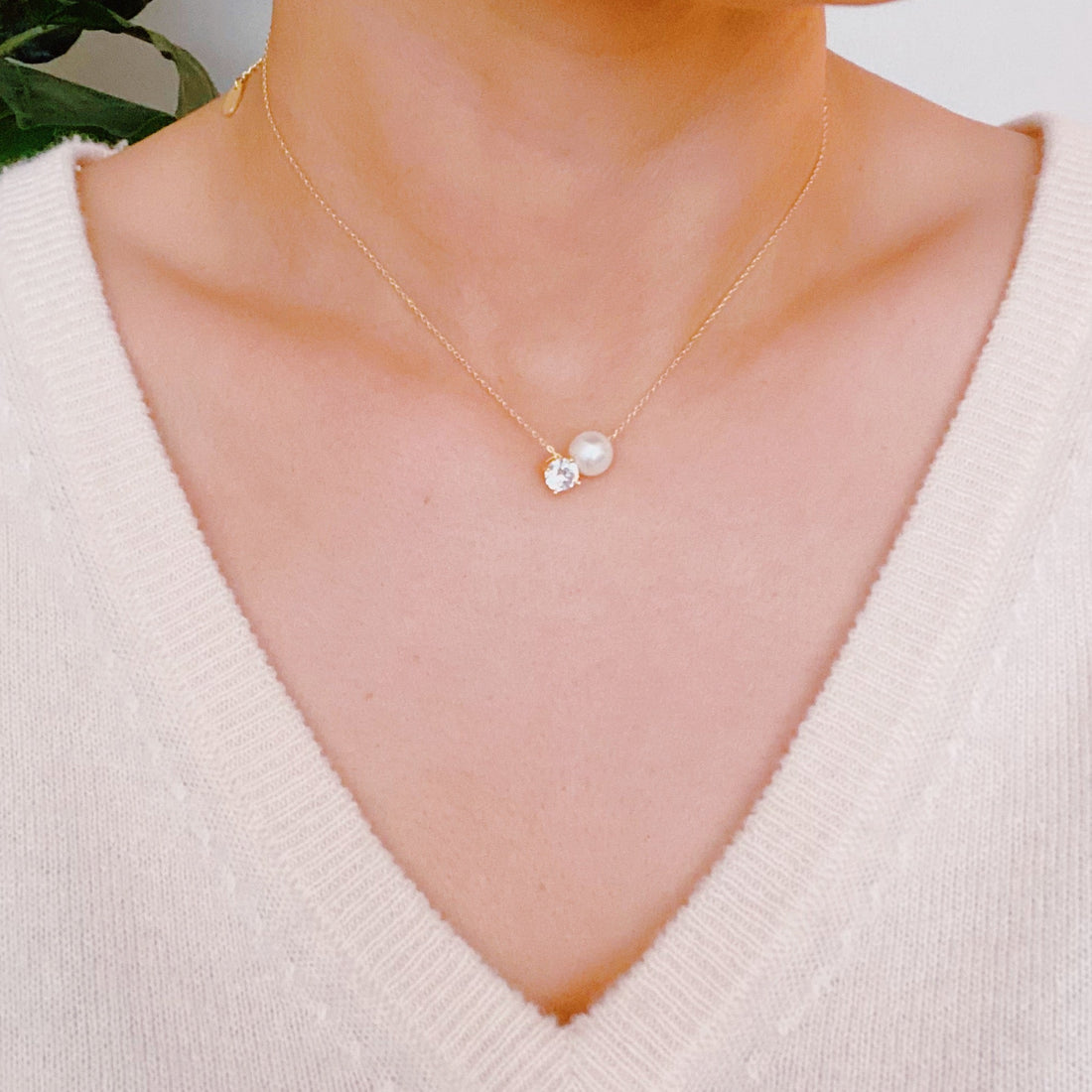 18K Gold Plated Single Pearl And Diamond Necklace