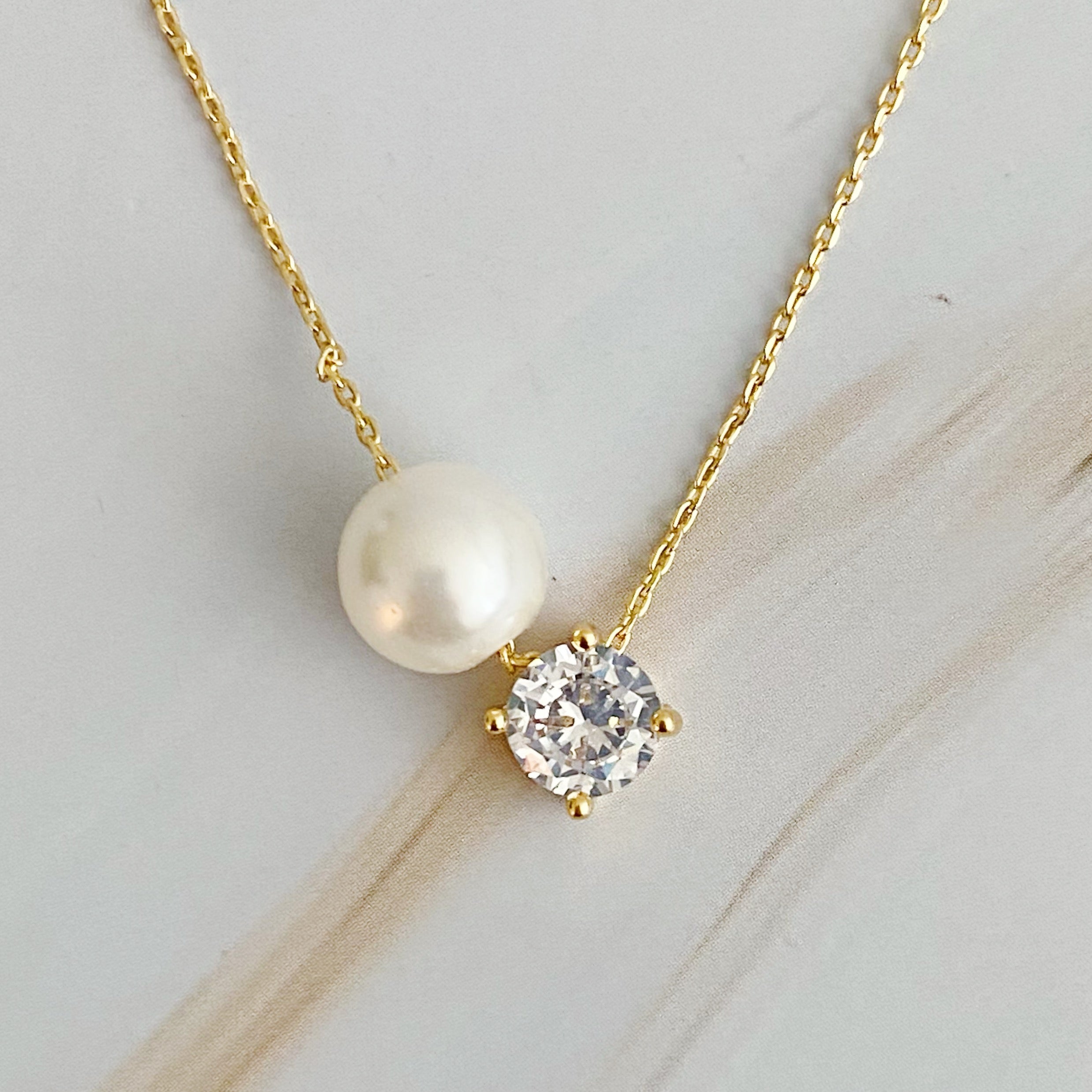 18K Gold Plated Single Pearl And Diamond Necklace