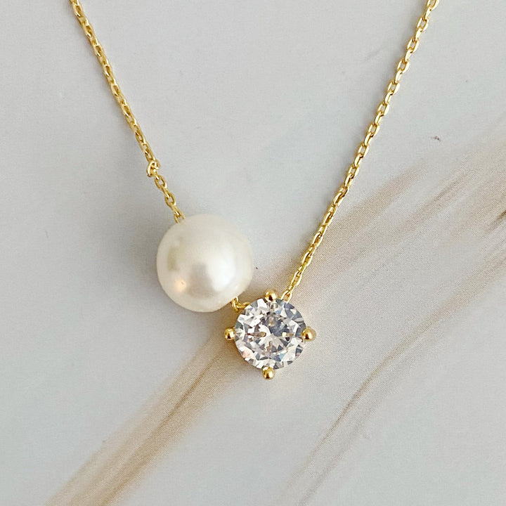 18K Gold Plated Single Pearl And Diamond Necklace