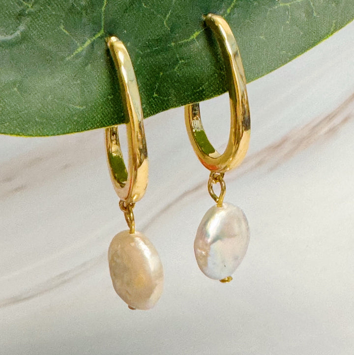 18K Gold Plated Dangle Pearl Hoop Earrings
