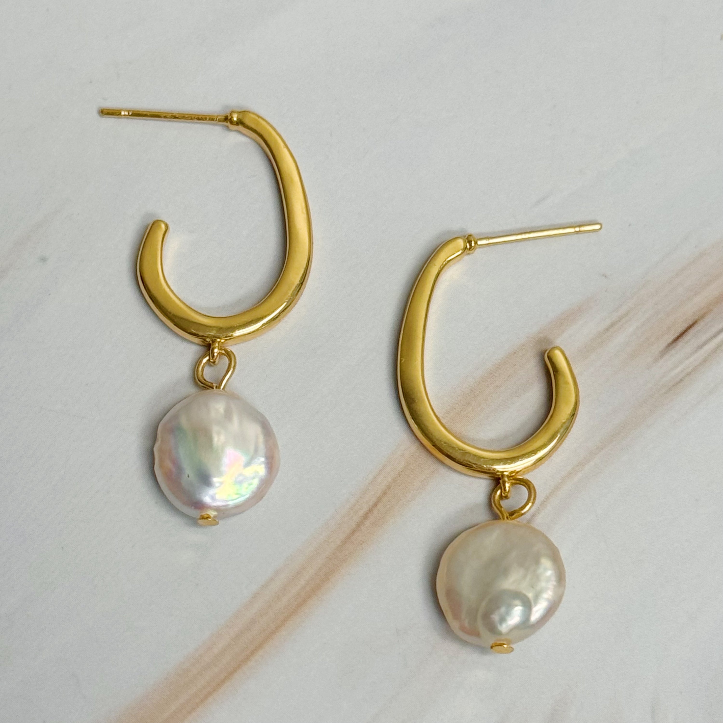 18K Gold Plated Dangle Pearl Hoop Earrings