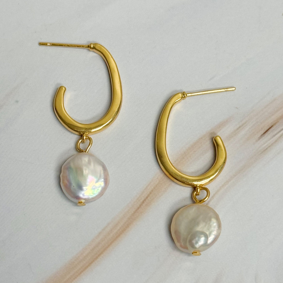 18K Gold Plated Dangle Pearl Hoop Earrings