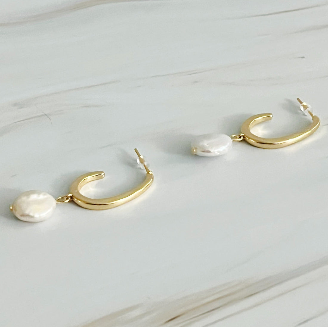 18K Gold Plated Dangle Pearl Hoop Earrings
