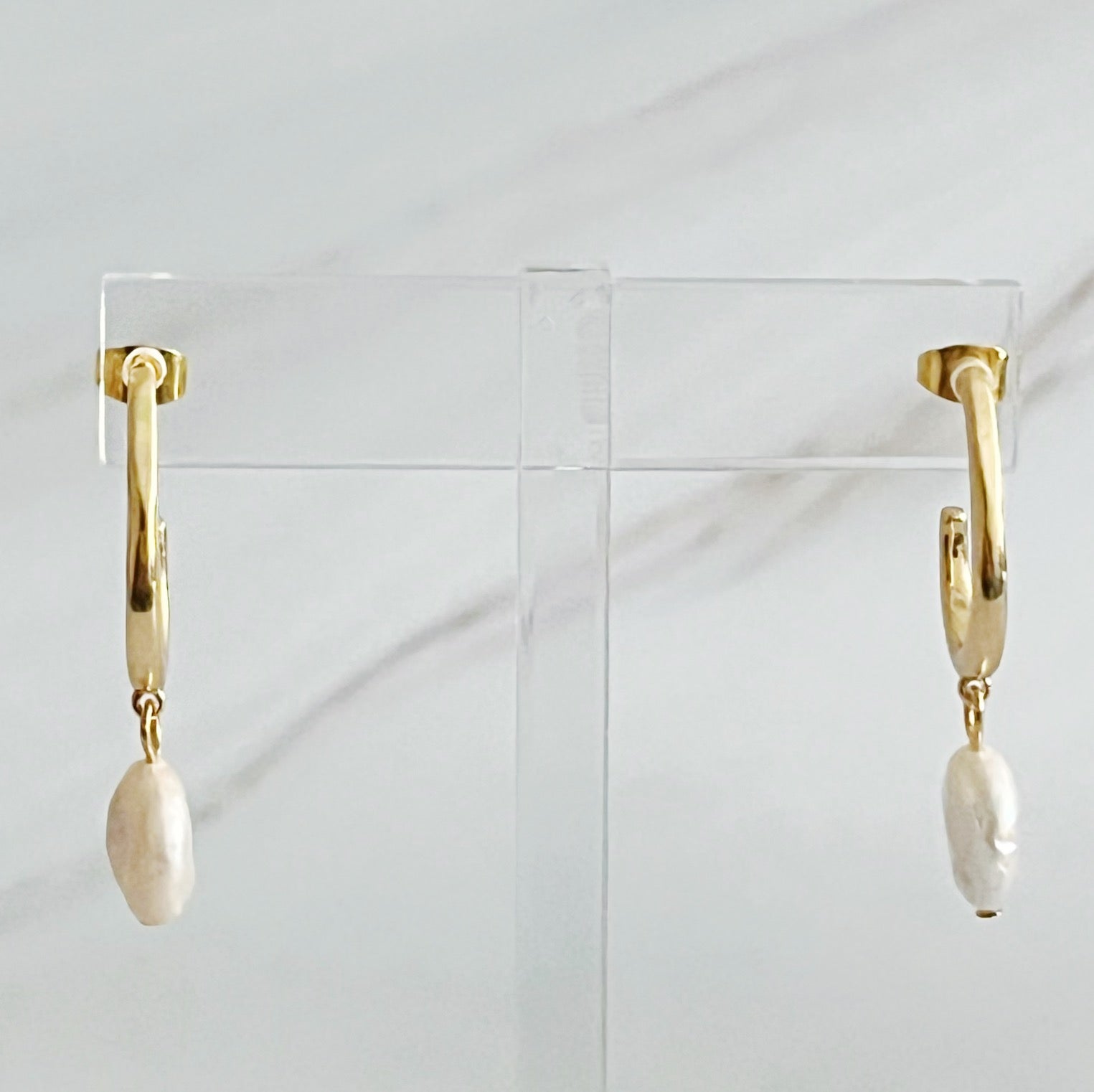 18K Gold Plated Dangle Pearl Hoop Earrings