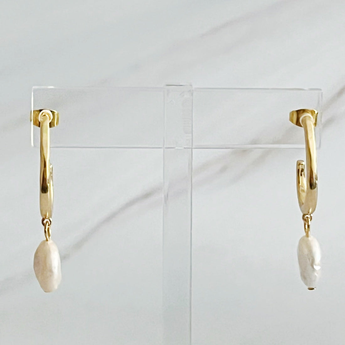 18K Gold Plated Dangle Pearl Hoop Earrings