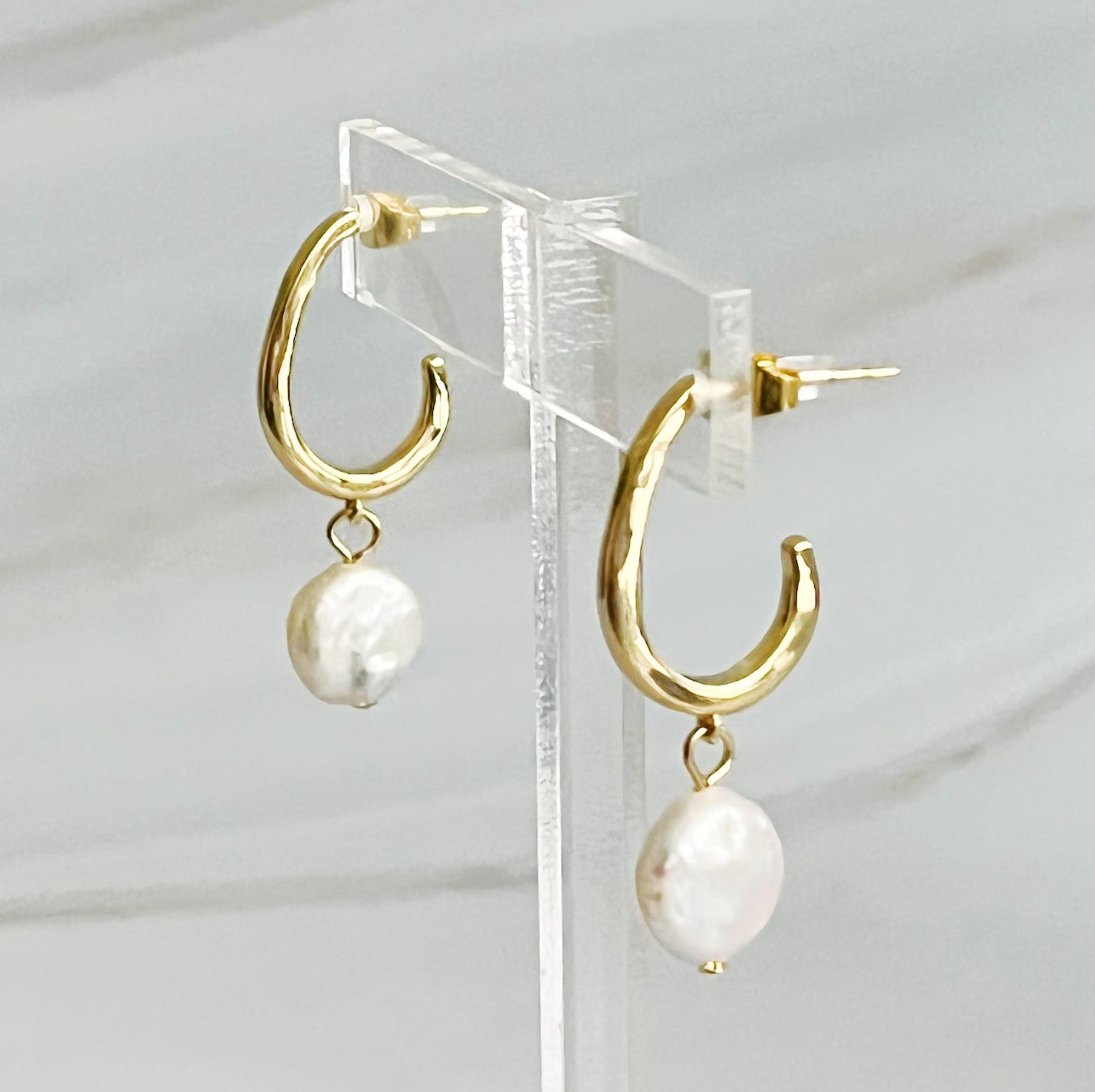 18K Gold Plated Dangle Pearl Hoop Earrings