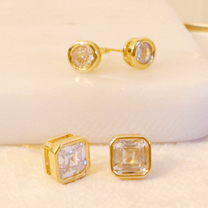 18K Gold Plated Bella Bezel Stud Earrings Set Of 2