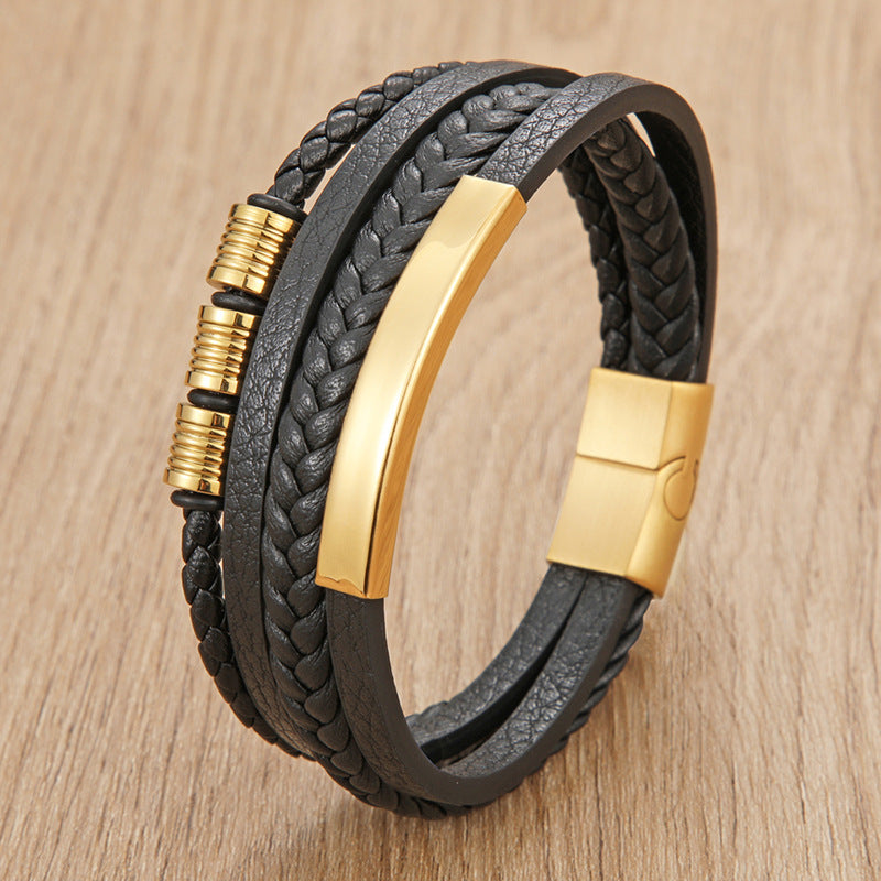 18K Gold Plated Leather Braided Rope Bracelet