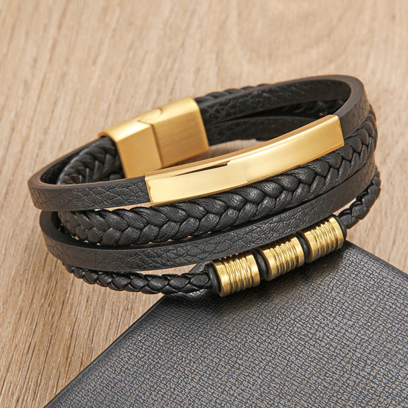 18K Gold Plated Leather Braided Rope Bracelet