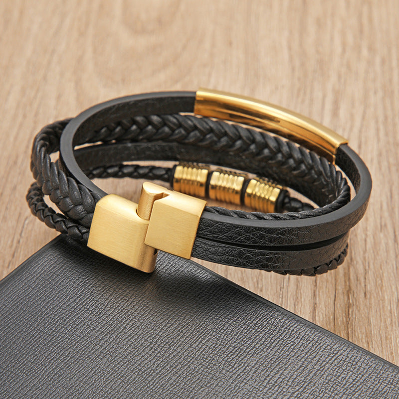 18K Gold Plated Leather Braided Rope Bracelet