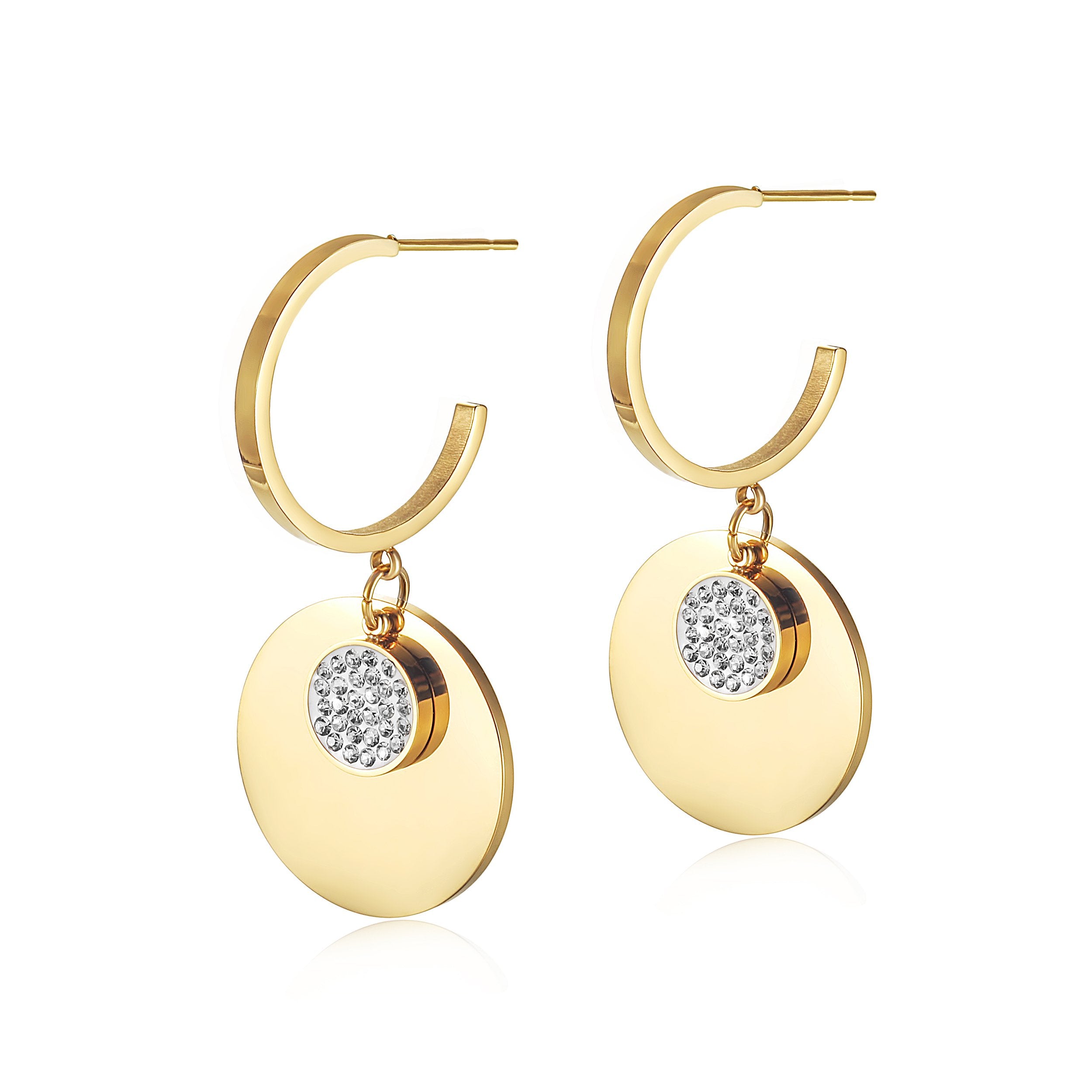 14K gold plated  DOUBLE ROUND DANGLE CZ EARRINGS