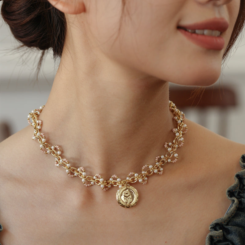 18K Gold Plated Roselle Wave Medallion Necklace