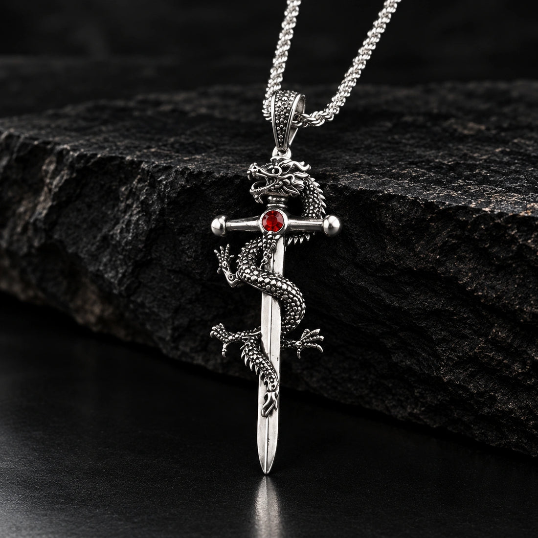 Dragon Sword Pendant Necklace Paved Rhodium