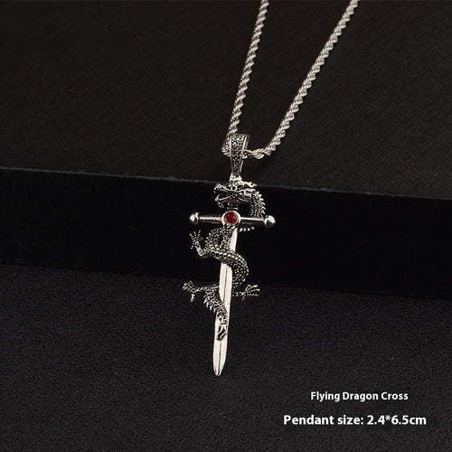 Dragon Sword Pendant Necklace Paved Rhodium