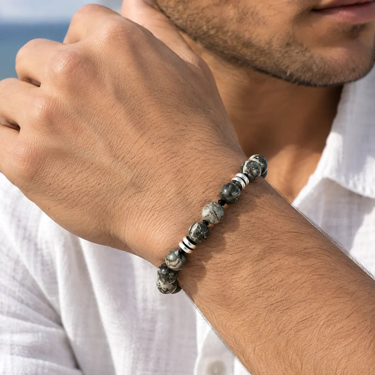 Grey Jasper Agate & Stone Beaded Macramé Bracelet