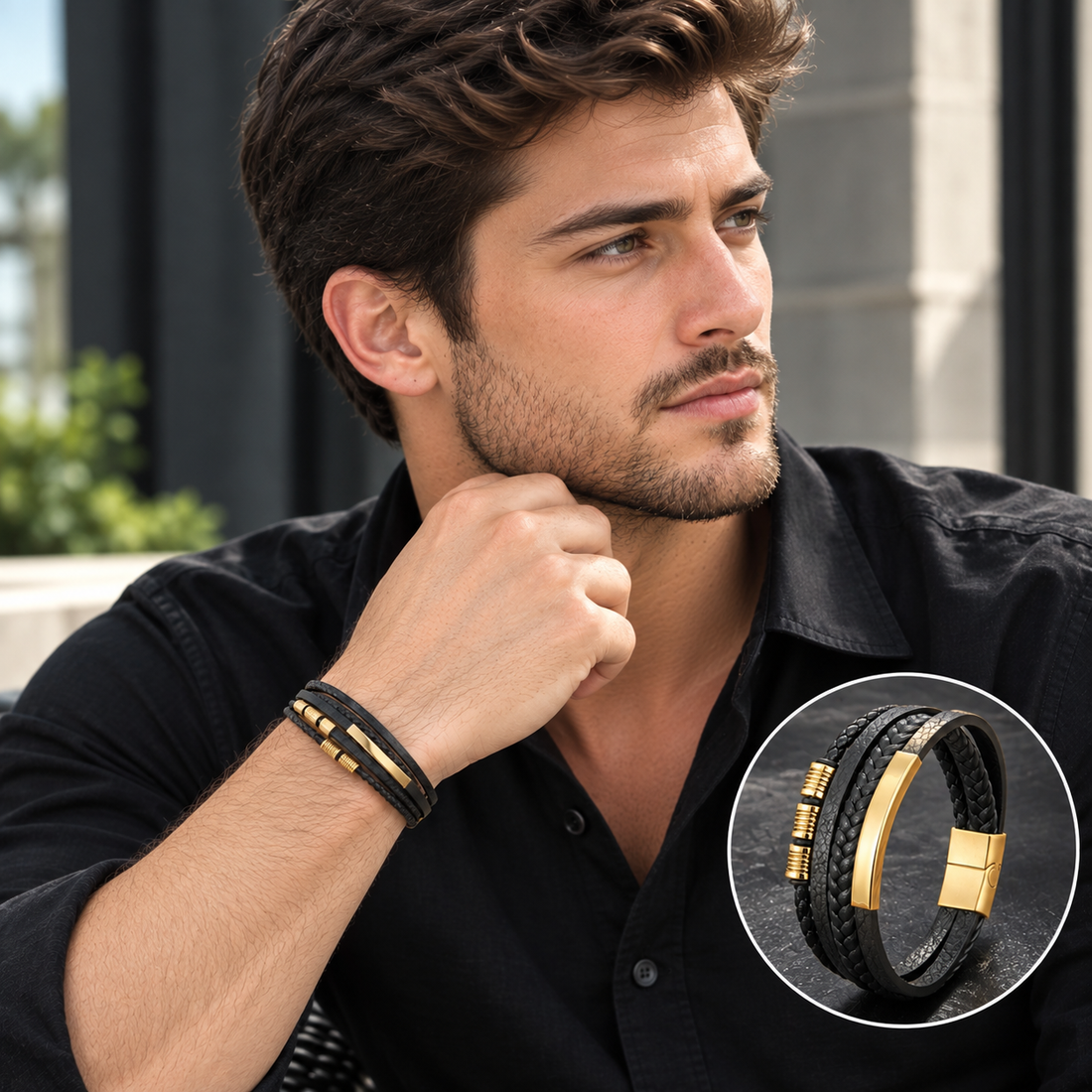 Braided Leather Rope Bracelet with Gold-Tone Clasp