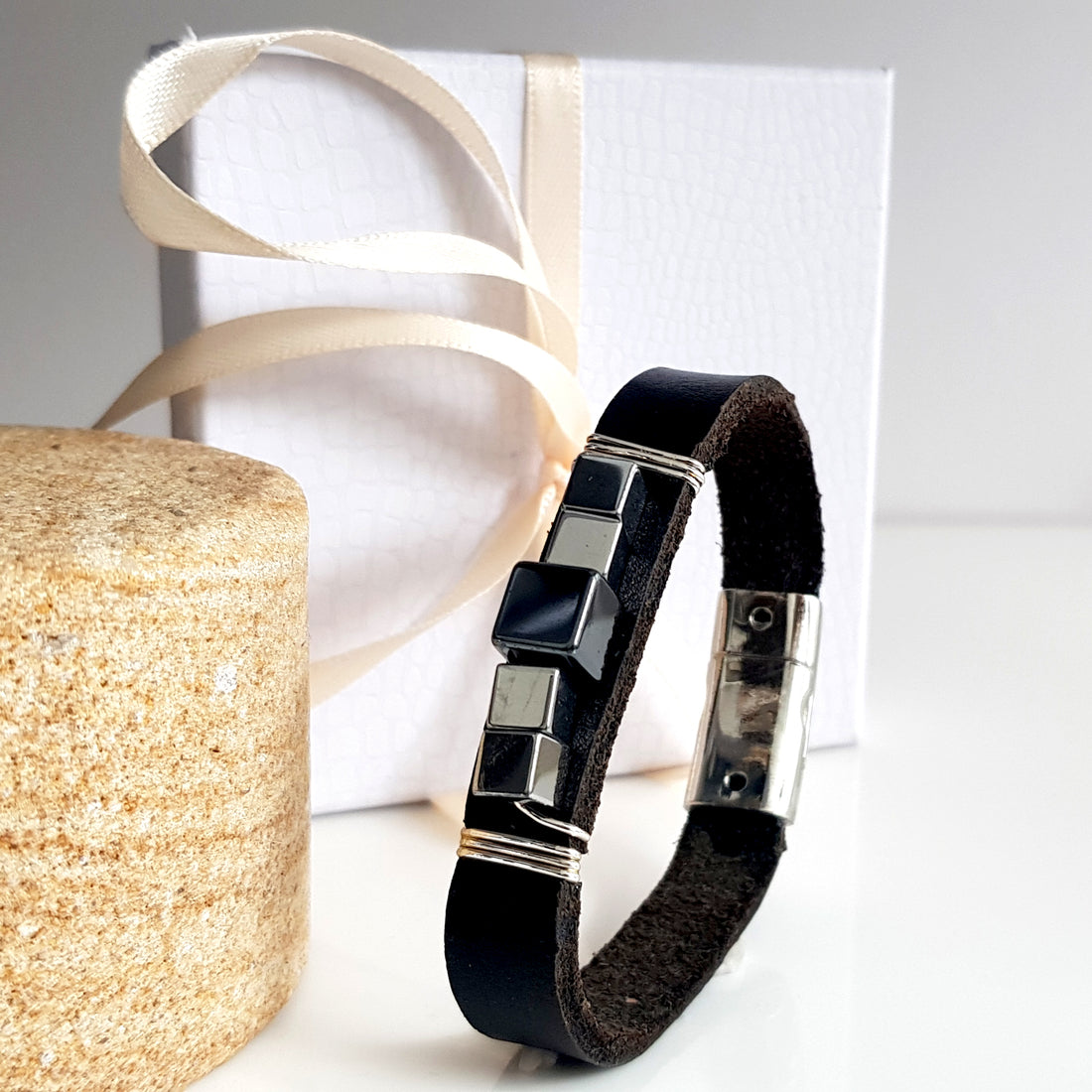925 Sterling Silver Black Leather & Haematite Band Bracelet