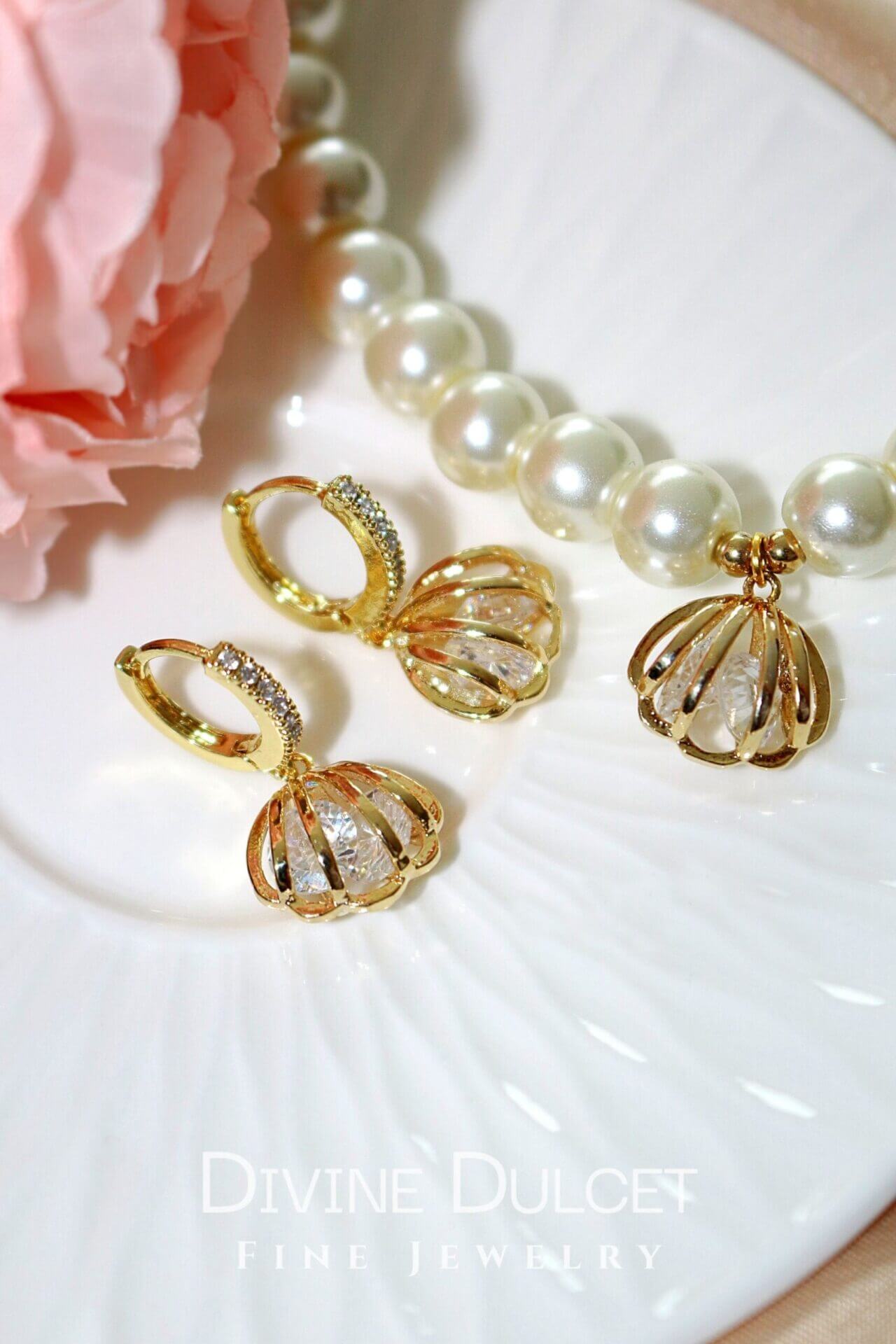 24K Gold Plated Sea Shell Diamond  Hoops