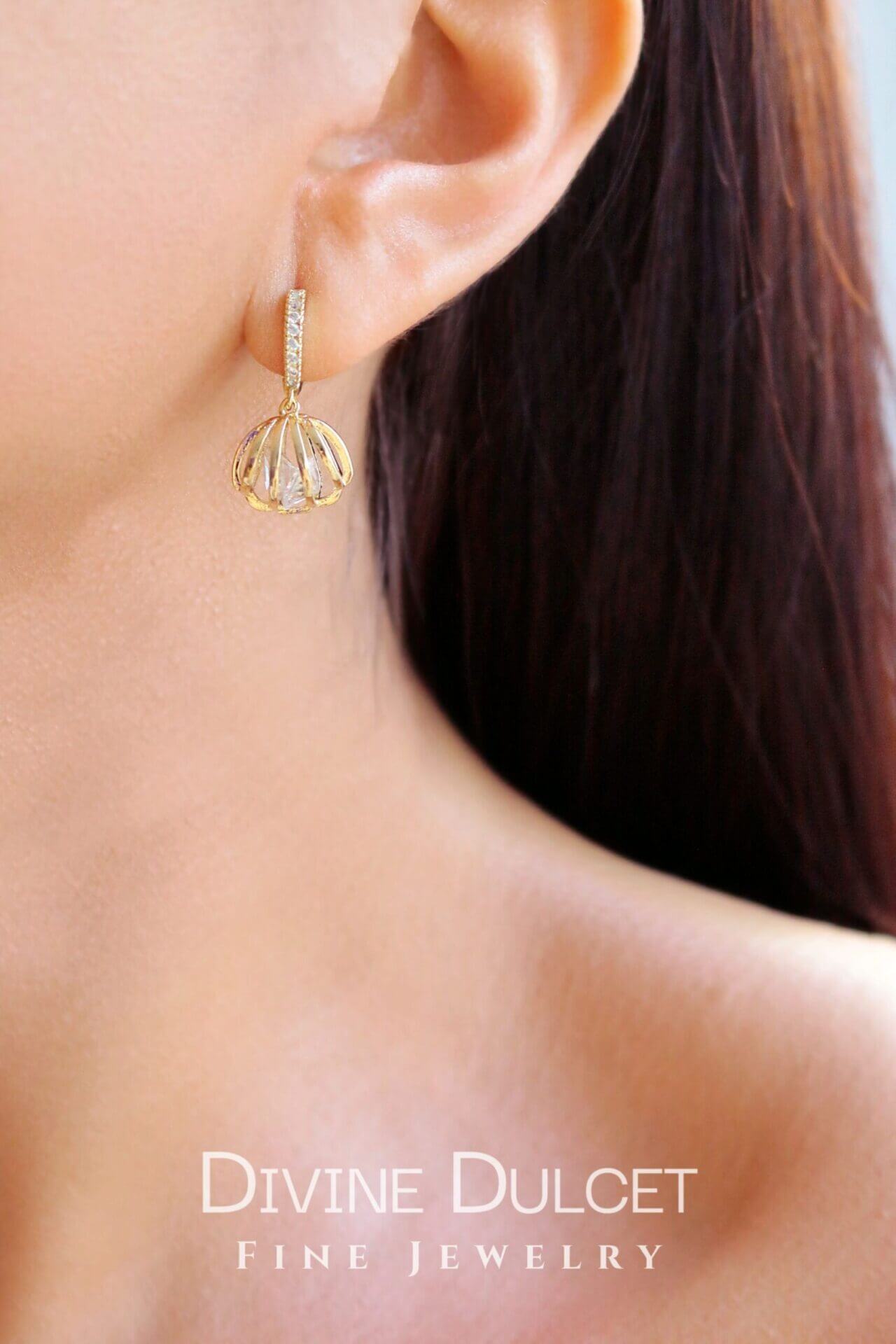 24K Gold Plated Sea Shell Diamond  Hoops