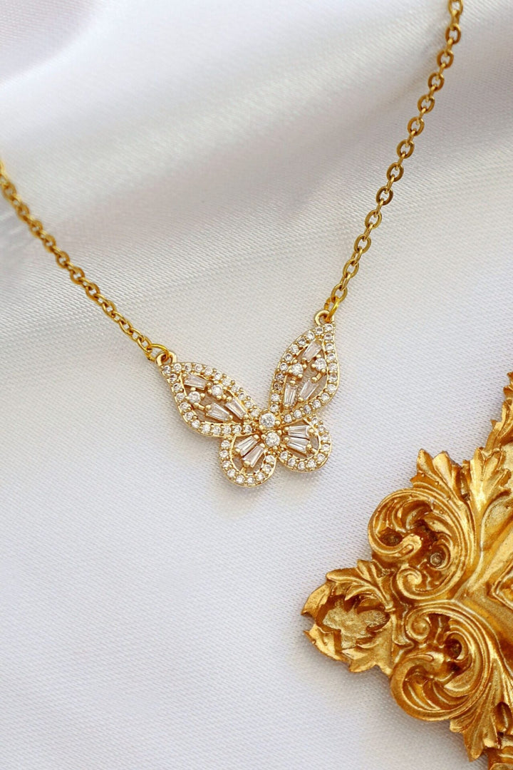 24K Gold Plated Butterfly  with Diamond Necklace